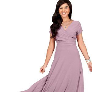 NWT KohKoh Women's Short Sleeve V Neck Flowy Stretchy Dusty Pink Maxi Dress XL
